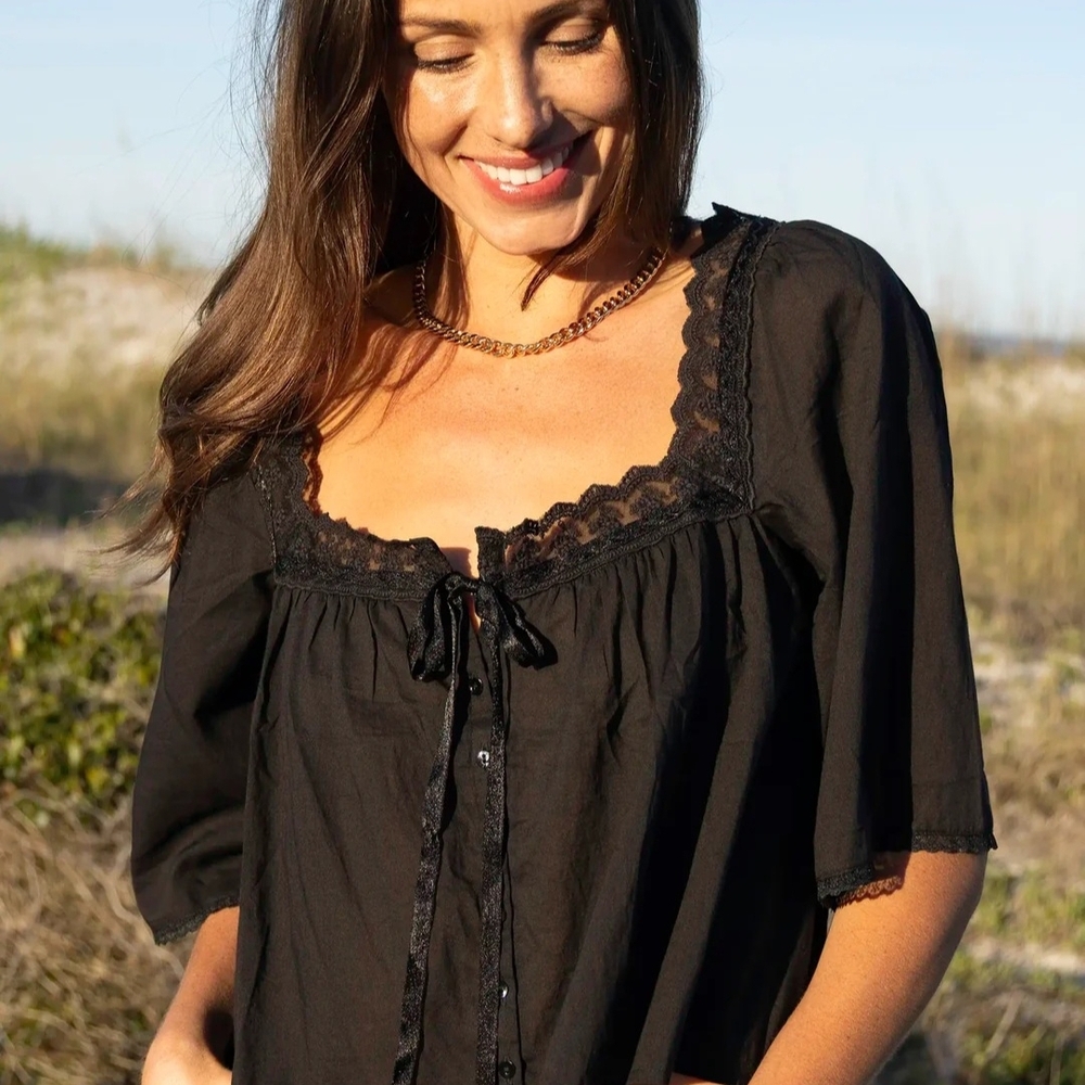 NATURAL LIFE Black Prettiest Cotton Lace Blouse